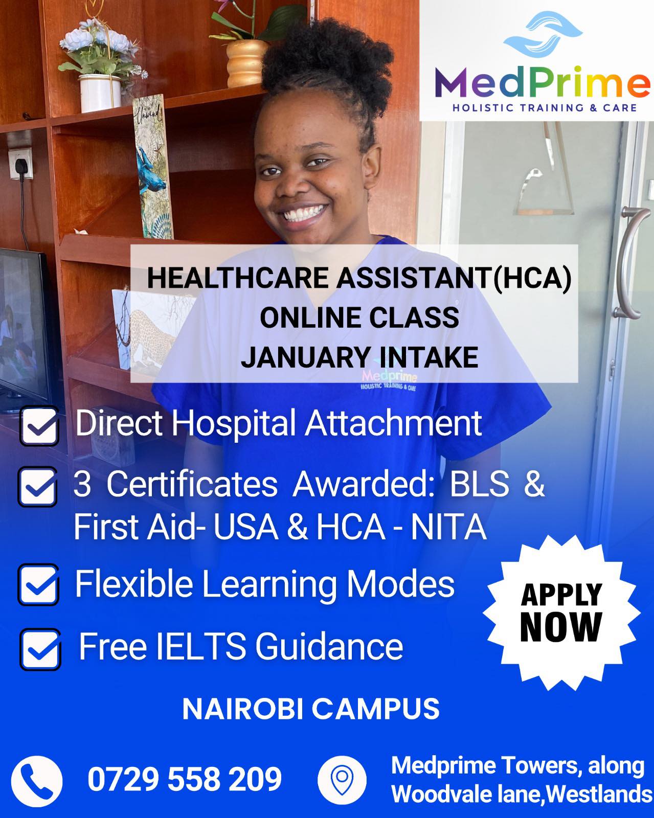 MedPrime Training College Facebook ad: Become a certified HEALTHCARE ASSISTANT with Medprime.