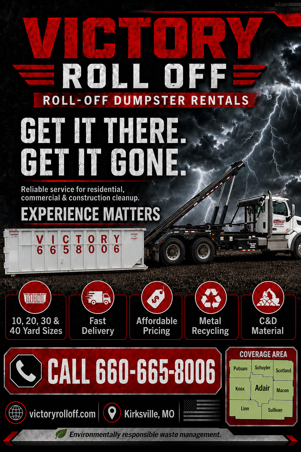 Victory RollOff Dumpsters Facebook ad: Need a Dumpster? Victory Rolloff Delivers