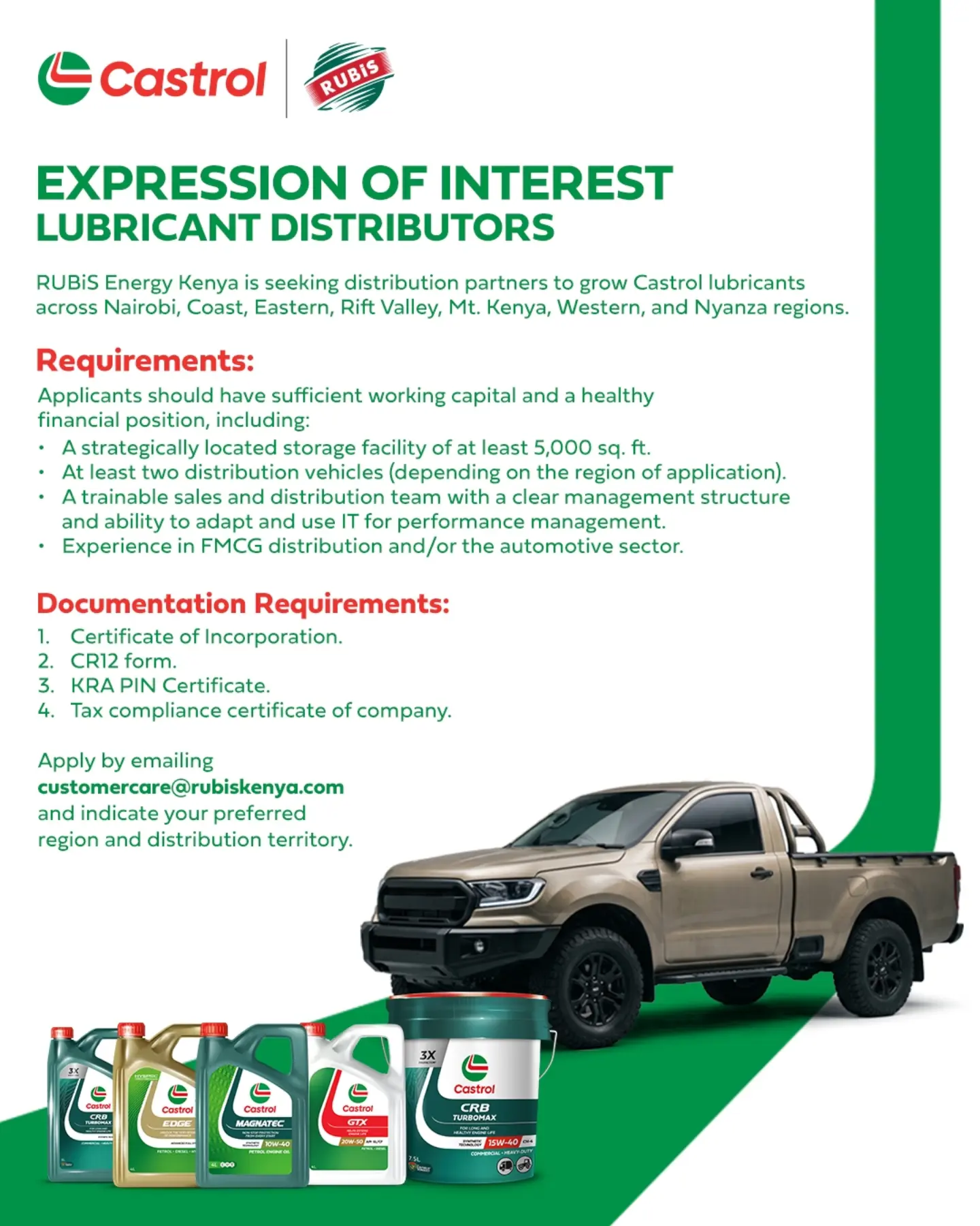 RUBiS Energy Kenya Facebook ad: Call for Castrol Lubricant Distributors!