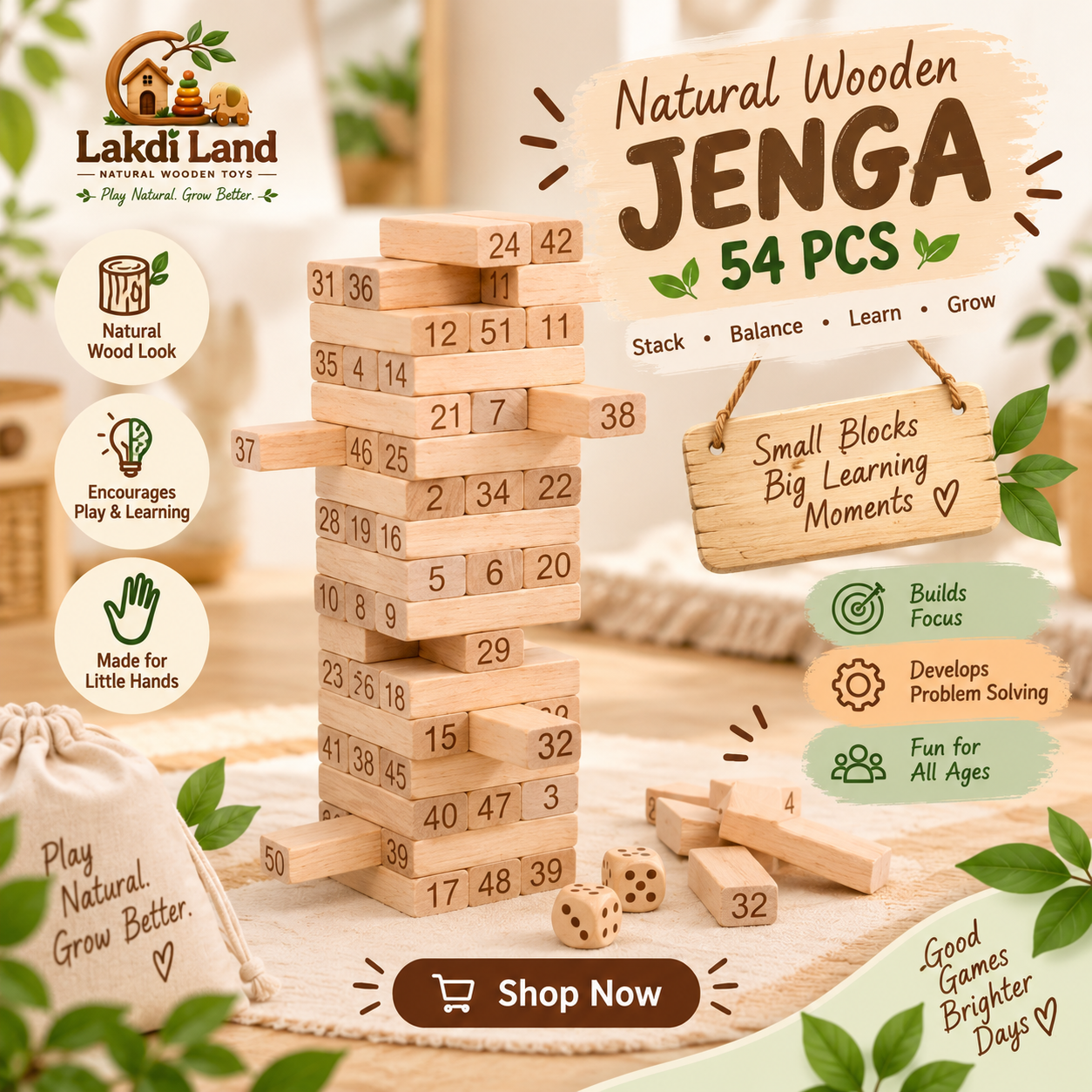 Lakdi land Facebook ad: Buy Natural Wooden 54-Piece Jenga Game!