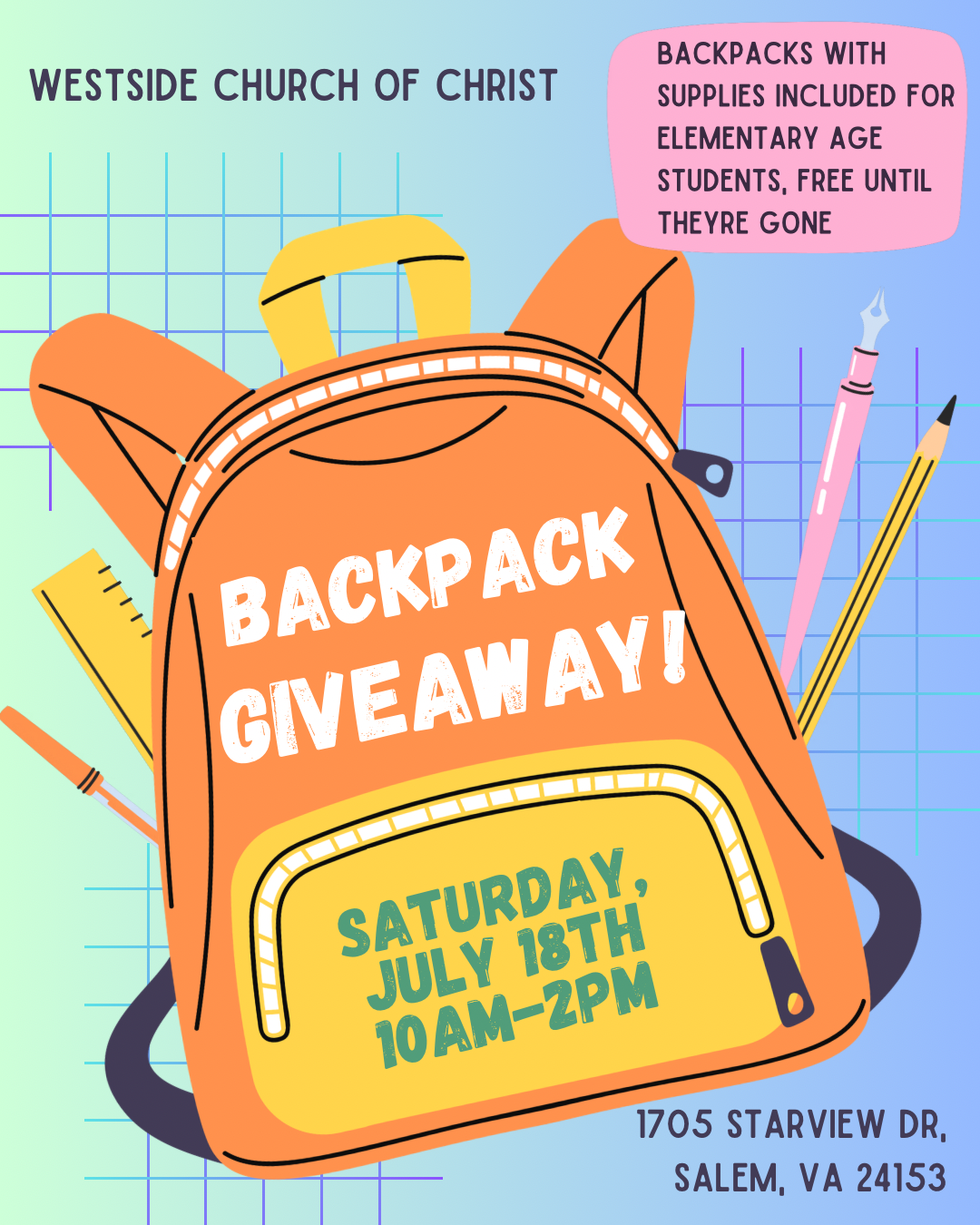 West Side Church of Christ Facebook ad: FREE Backpack Giveaway!