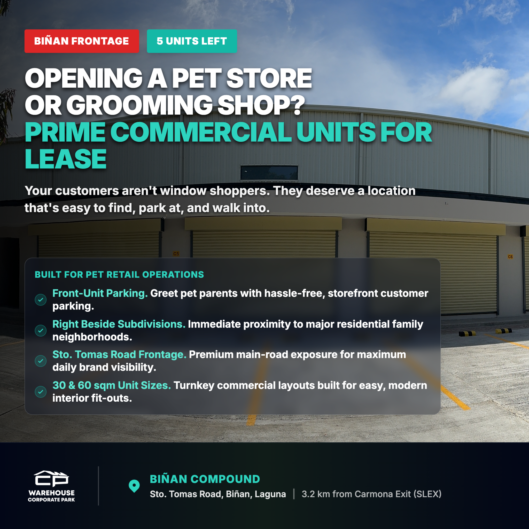 Warehouse Corporate Park Facebook ad: Pet Store or Grooming Shop Space in Binan.