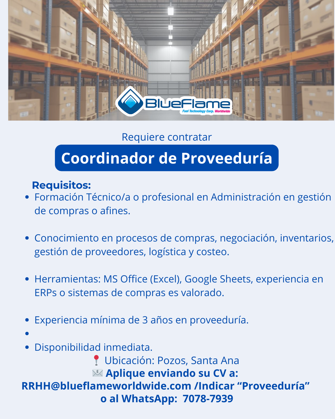 BlueFlame Facebook ad: Coordinador de Proveedurí