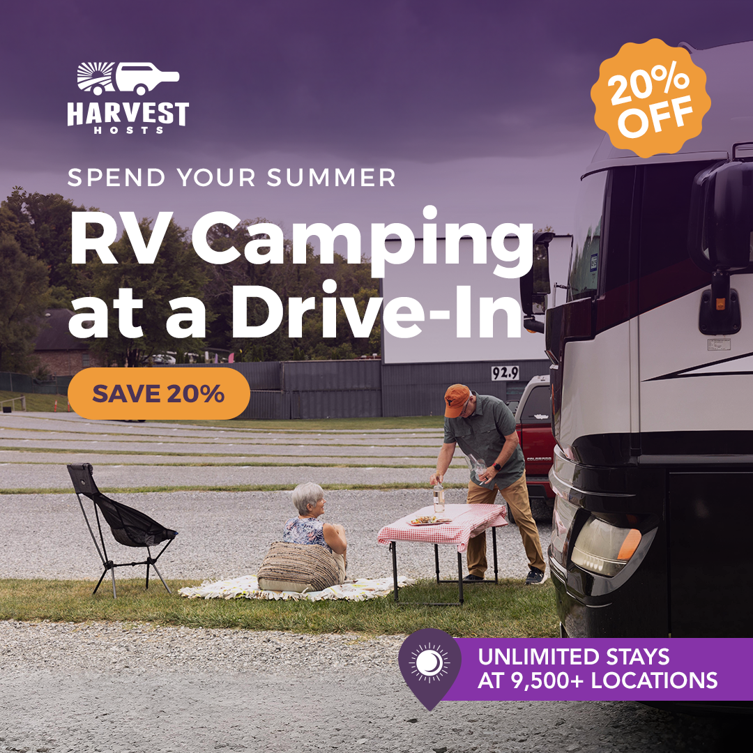 Harvest Hosts Facebook ad: 20% off unlimited overnight stays at 9,500+ RV…