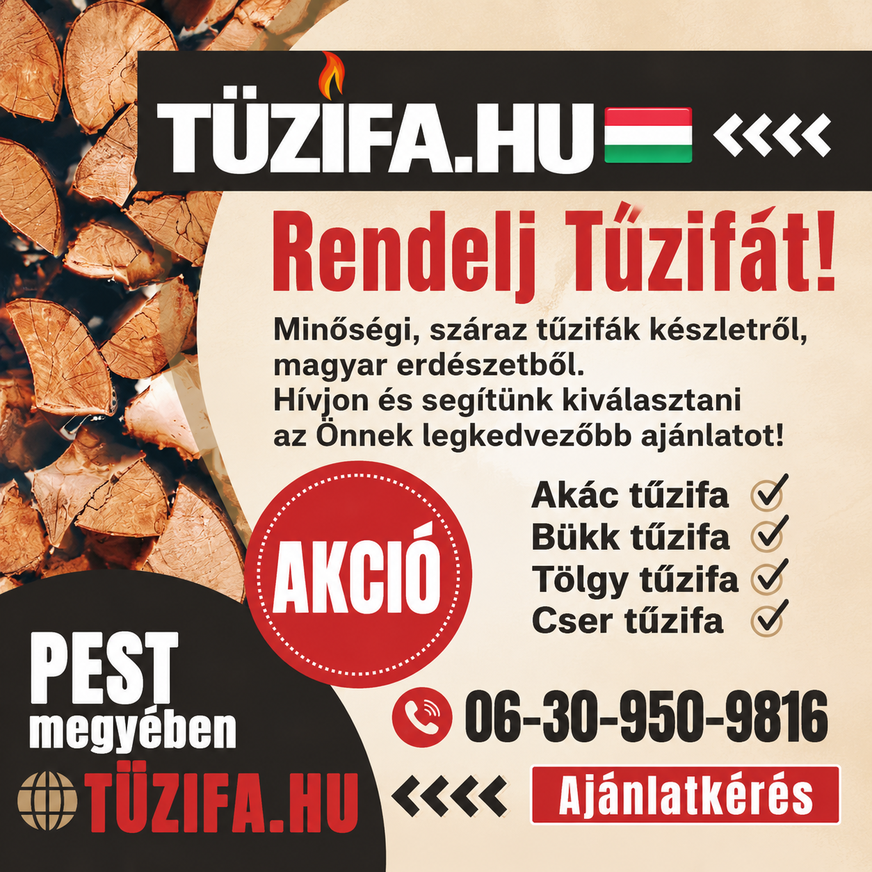 Tüzifa.hu Timb-Erd Kft Facebook ad: Minőségi Tűzifa, JÓ áron! Házhozszállítással, Pest…