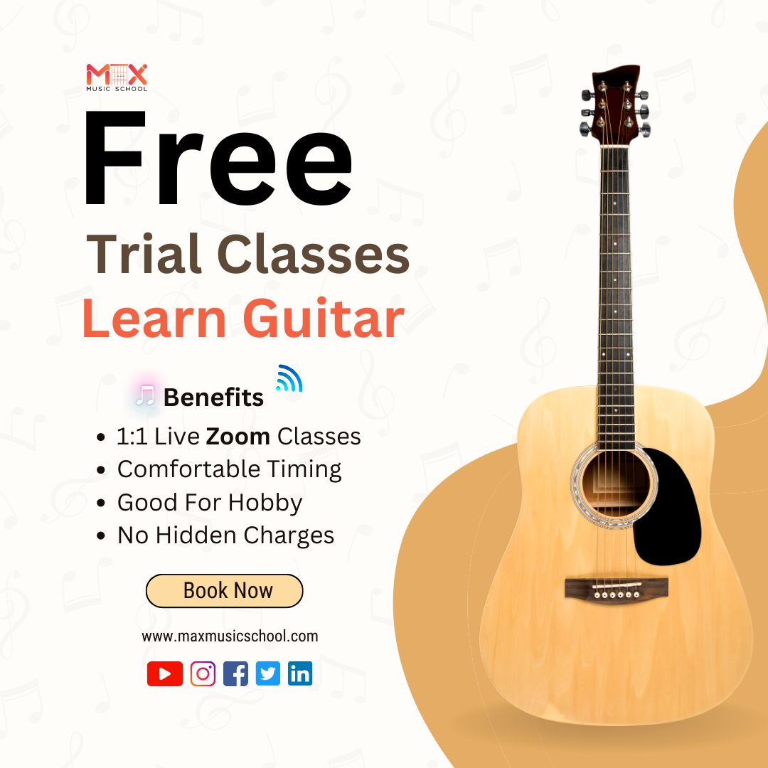 Max Music school Facebook ad: FREE Guitar Trial Classes, Learn Guitar Live from Home on…