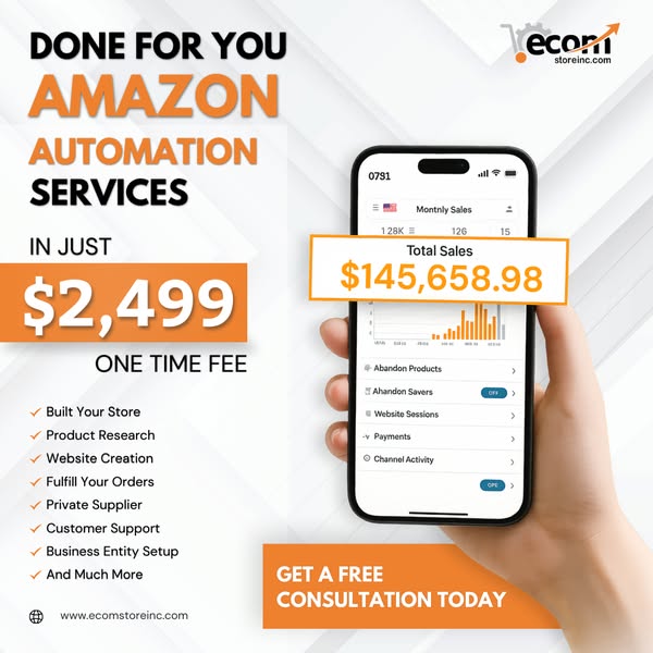 Ecom Store INC Facebook ad: Done-For-You Amazon Store Setup