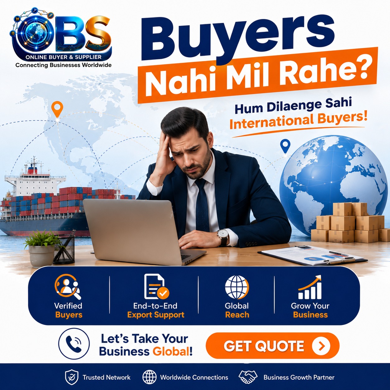 Online Buyer and Supplier Facebook ad: Connect with Verified International Buyers Worldwide