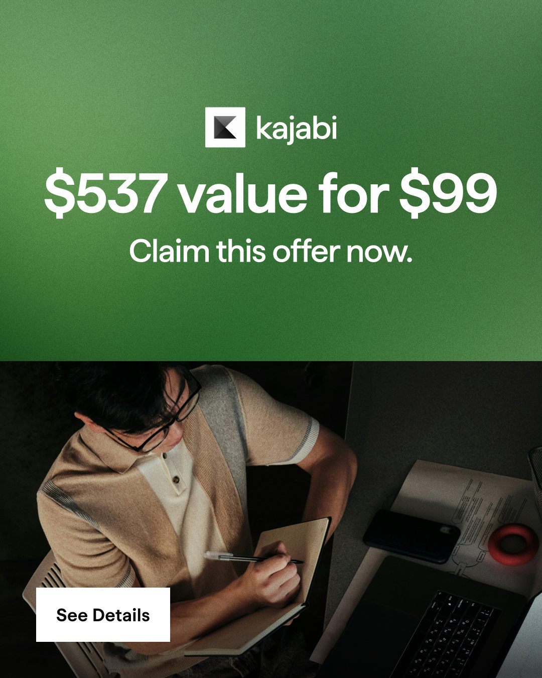 Kajabi Facebook ad: Three months. One platform. Unlimited potential.