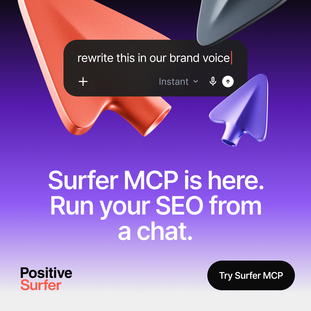 Positive Surfer Facebook ad: Surfer MCP: Connect Surfer to Your AI Agent