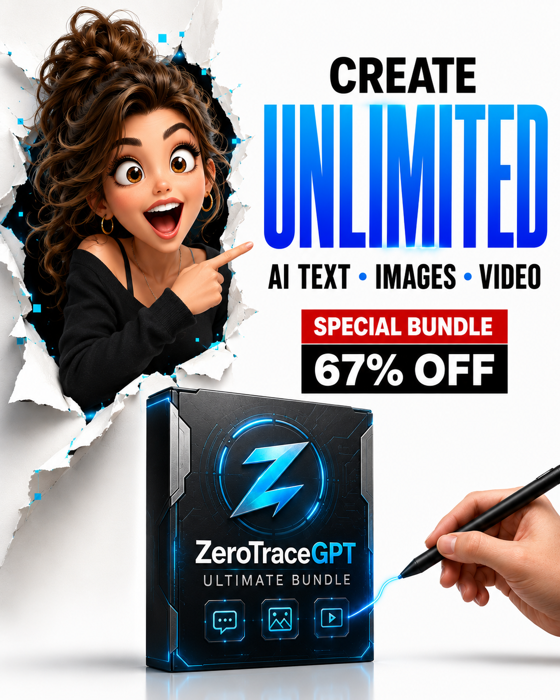 ZTG Page Facebook ad: Create Unlimited AI Text, Images & Video
