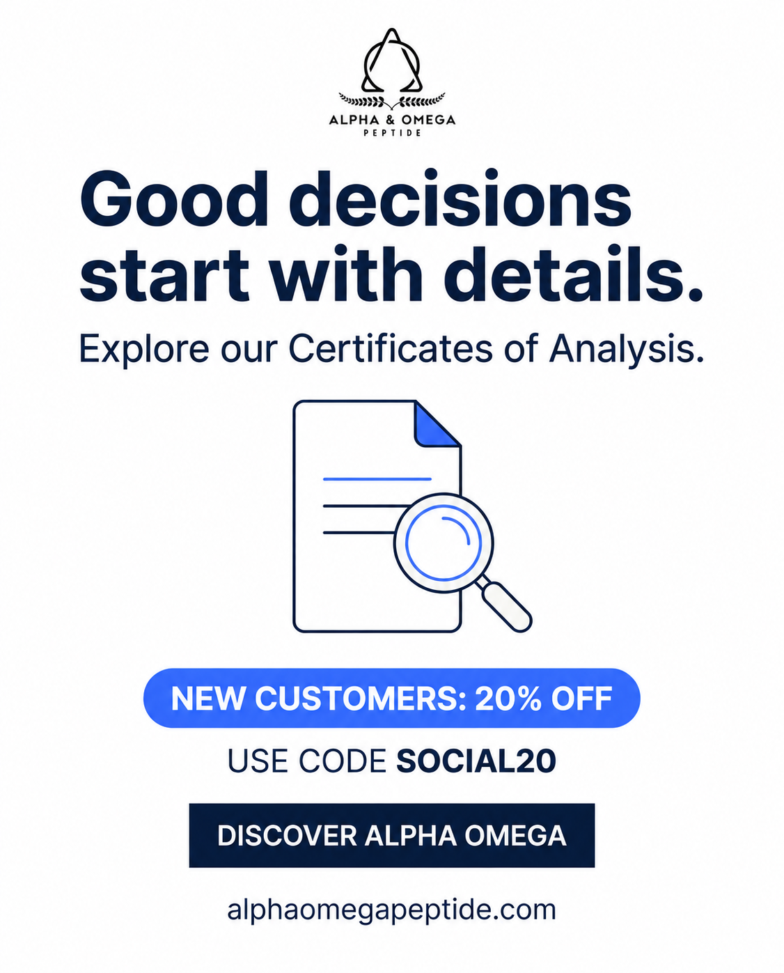 Alpha Omega Peptide Facebook ad: Good Decisions Start with Details