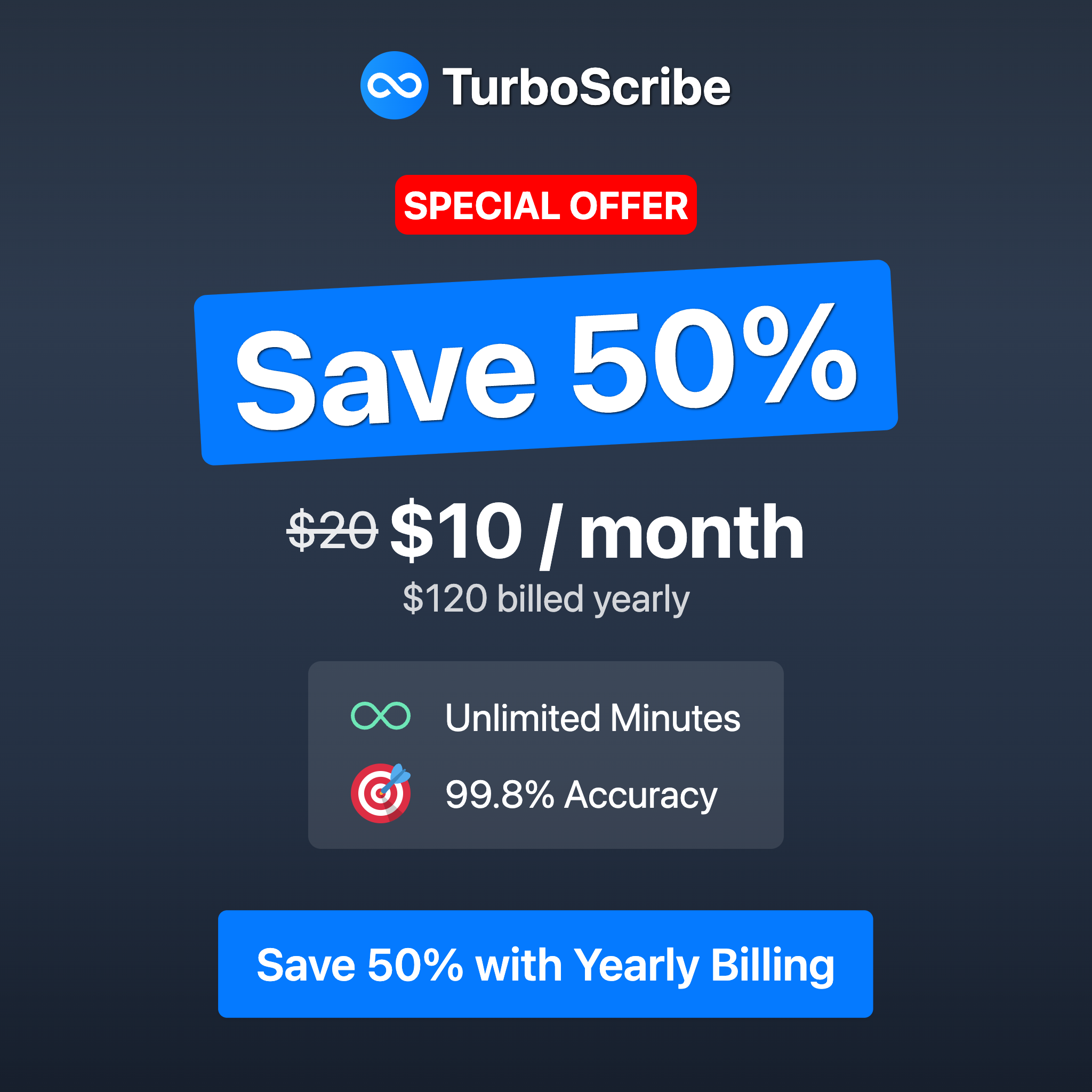 TurboScribe Facebook ad: Save $120 with yearly billing