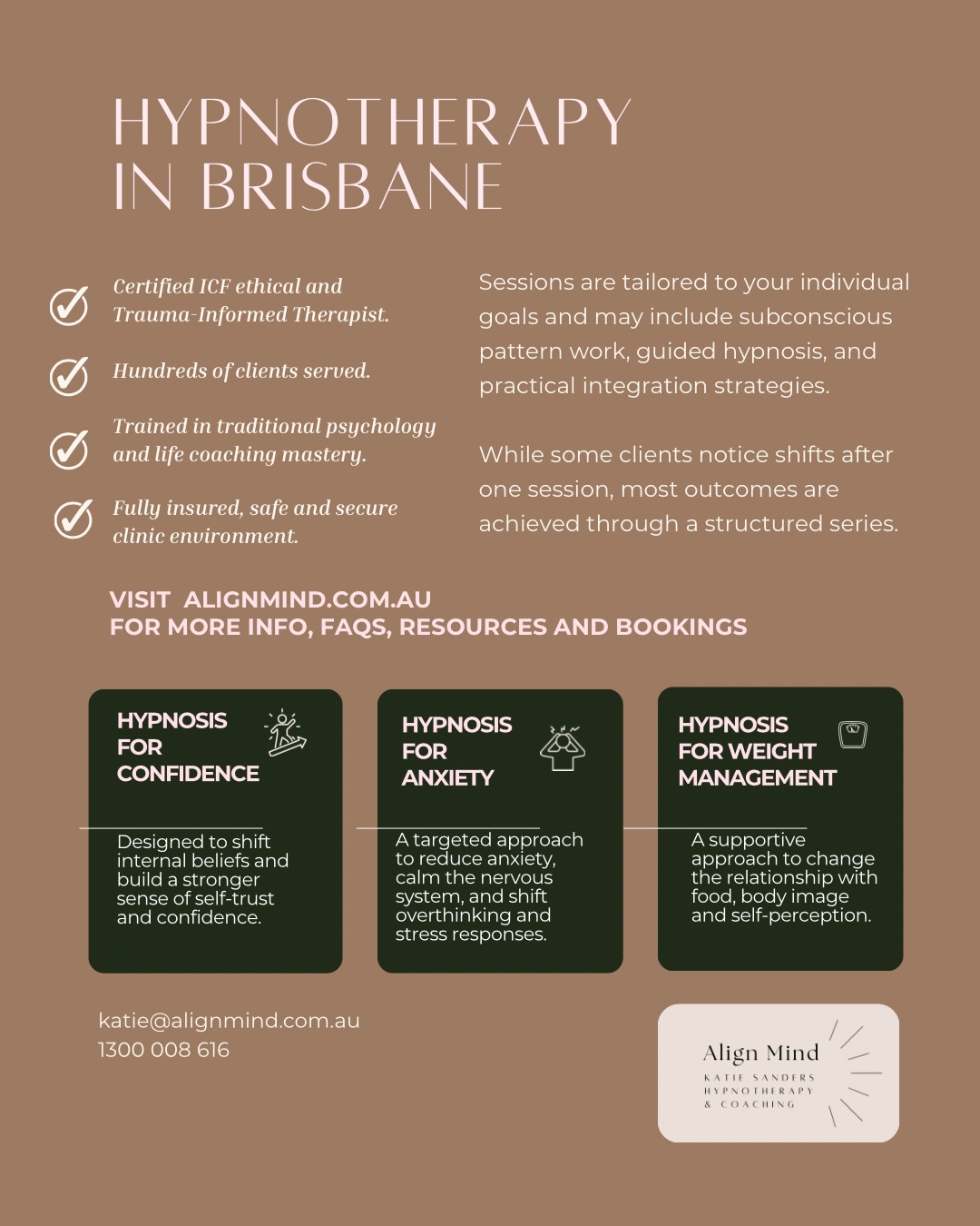 Align Mind Hypnotherapy & Coaching Facebook ad: Katie Sanders alignmind.com.au