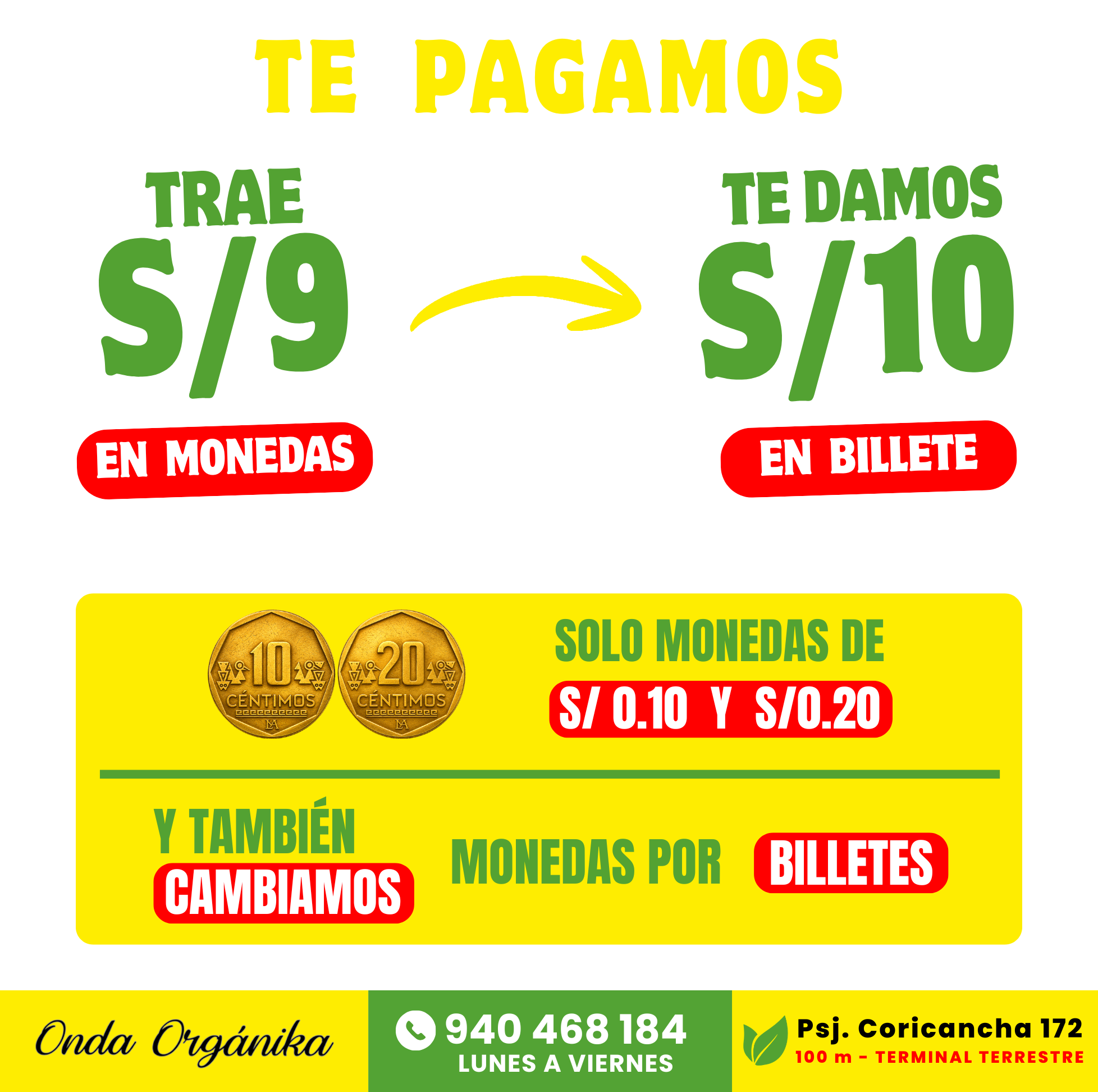 Onda Organika Perú Facebook ad: ¿Tienes monedas de 10 o 20 céntimos guardadas?
