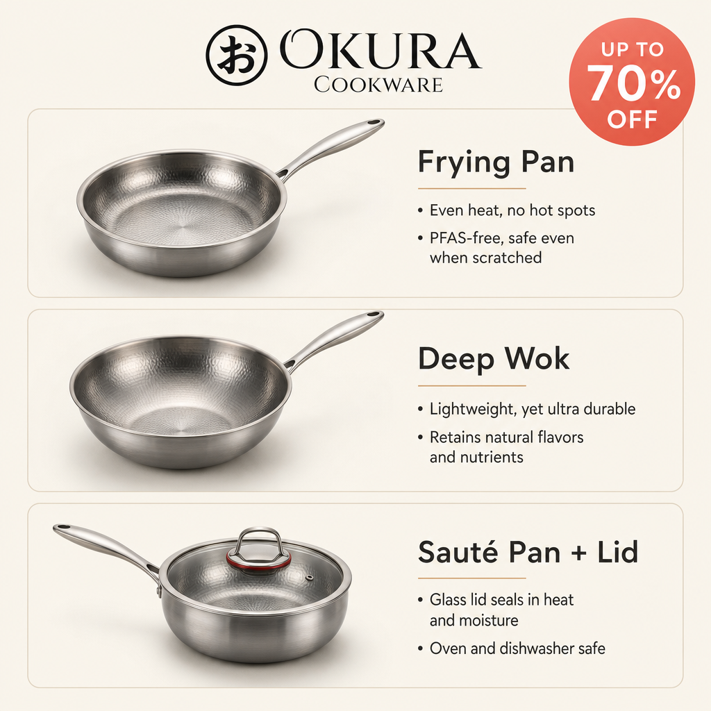 Okura Cookware Facebook ad: Up to 70% Off