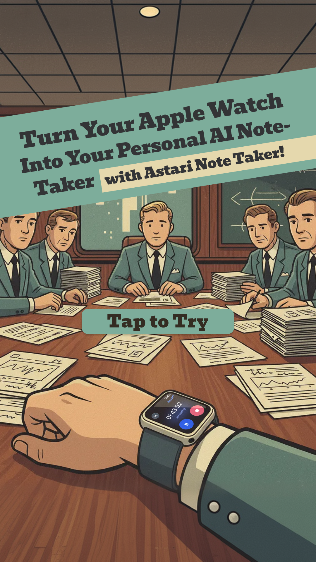 Astari: AI Meeting Agent Facebook ad: From your wrist to a perfect summary. Try it now!