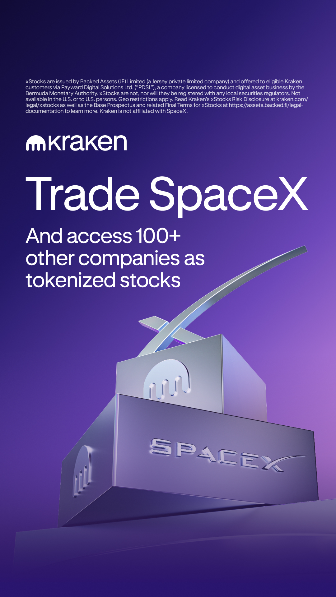 Kraken Digital Asset Exchange Facebook ad: 55+ tokenized US equities available