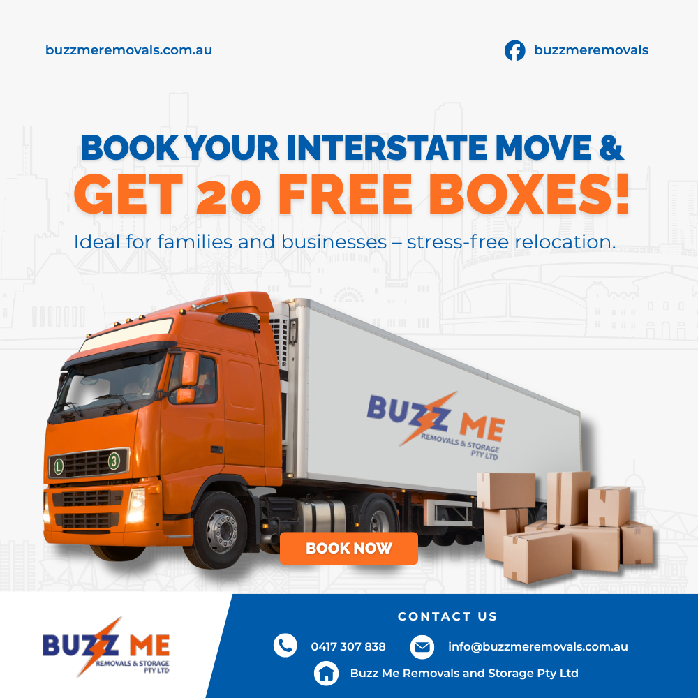Buzz Me Removals Facebook ad: Get 20 FREE Moving Boxes + 1 Month FREE Storage, Limited…