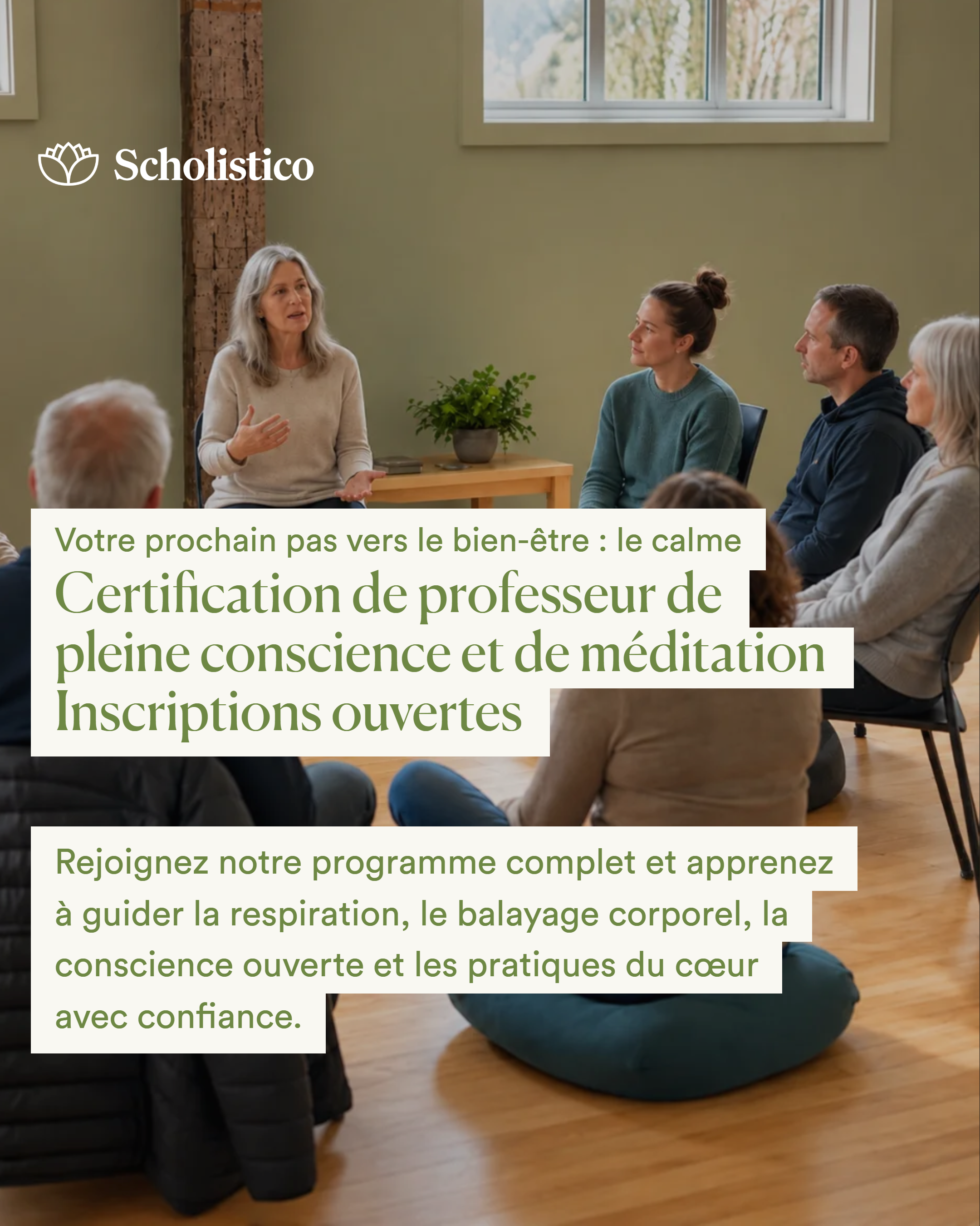 Scholistico en Français Facebook ad: Devenez professeur de pleine conscience et de méditation
