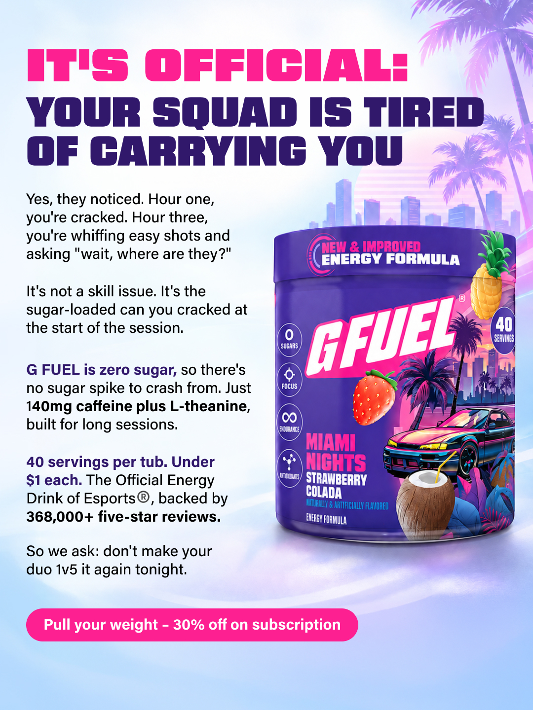 G FUEL Facebook ad: Start Here. Fuel Everything.