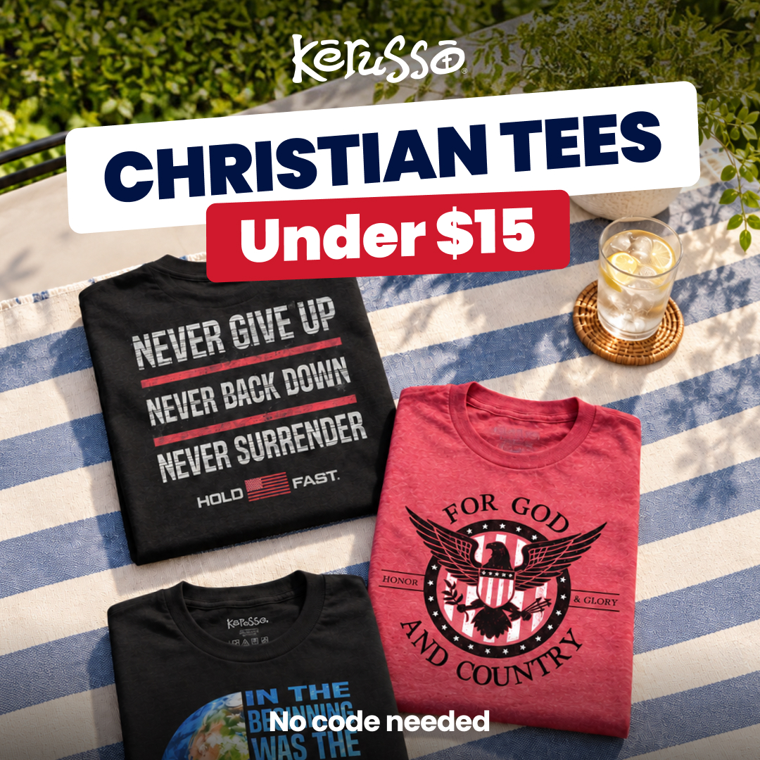 Kerusso Facebook ad: Faith-Filled Tees. Under $15.