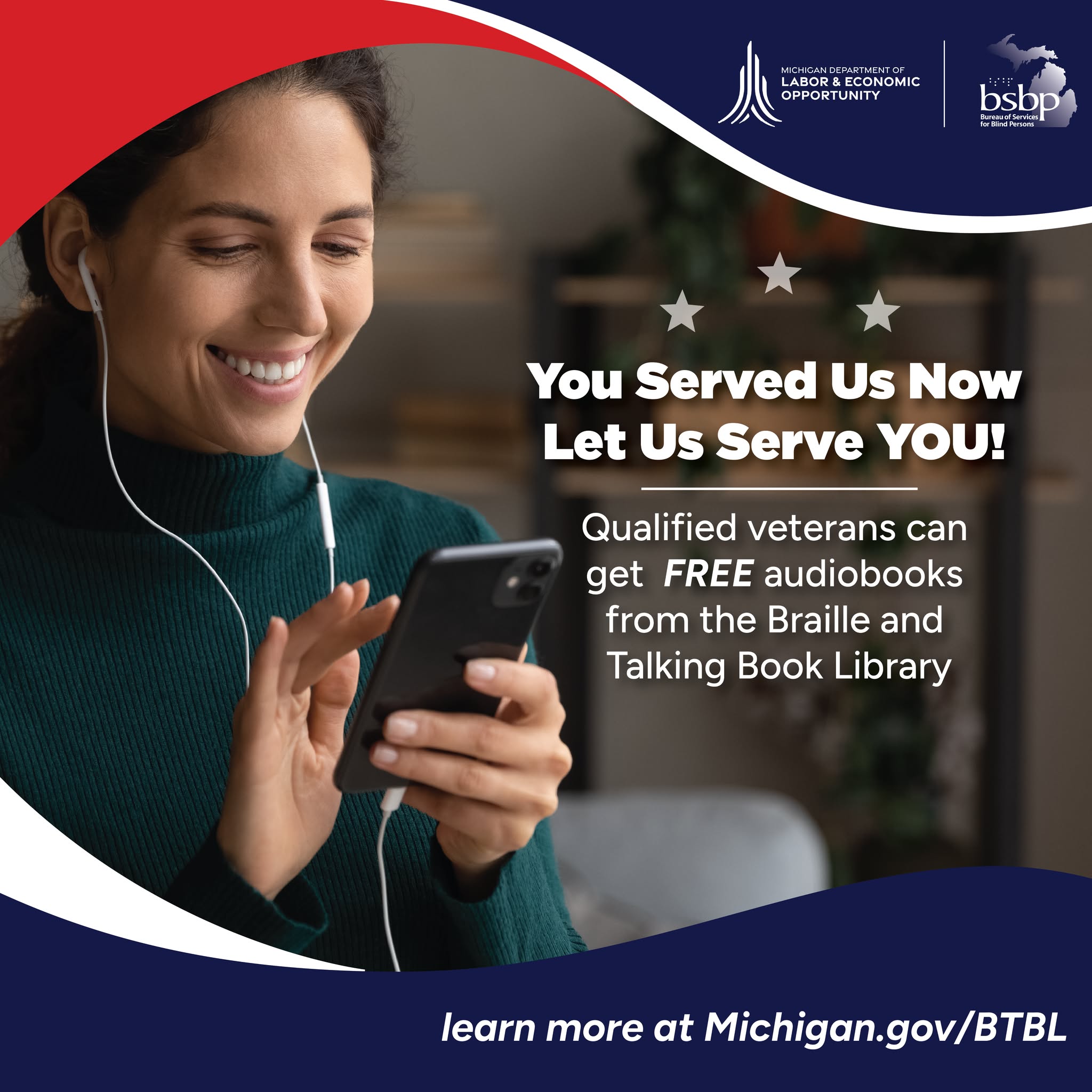Michigan Braille and Talking Book Library Facebook ad: Veterans, did you know you can get free…