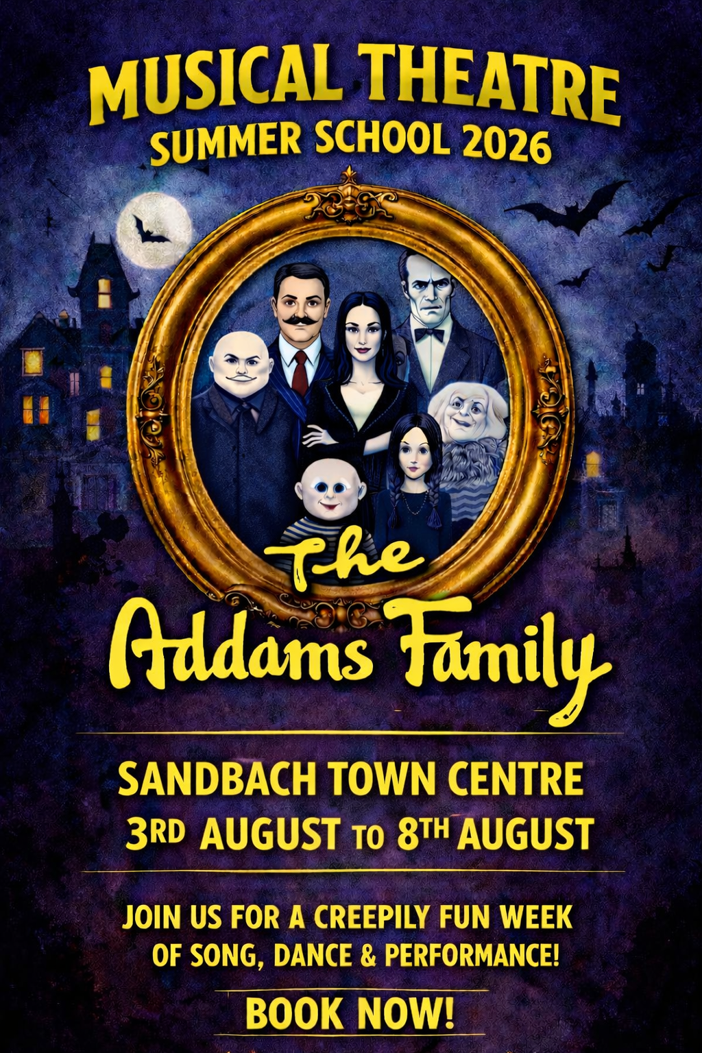 Carney Academy Cheshire Facebook ad: ADDAMS FAMILY MUSICAL SANDBACH SUMMER SCHOOL 2026, NOW…