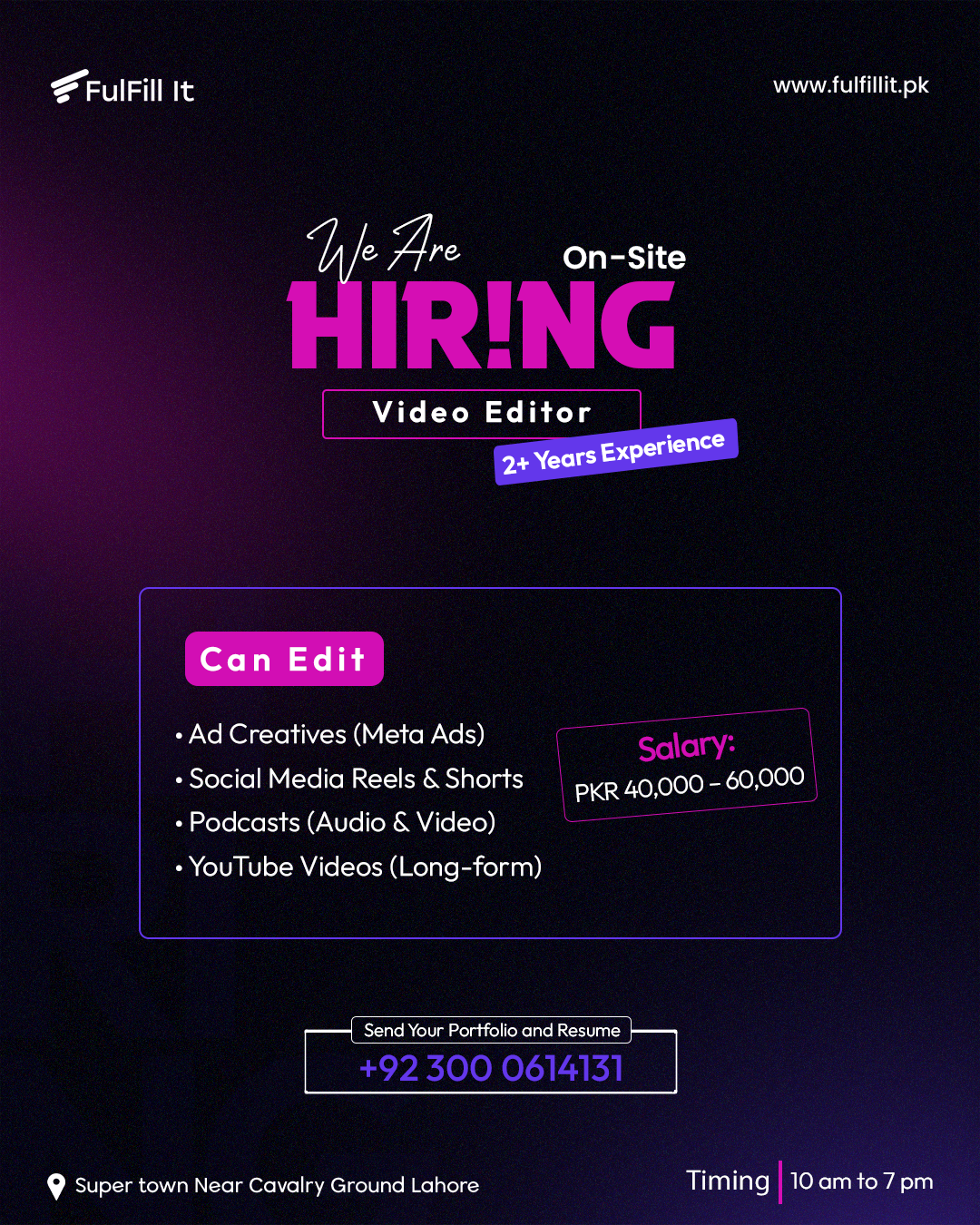 FulFillit.pk Facebook ad: Join Our Creative Team as a Video Editor, Lahore
