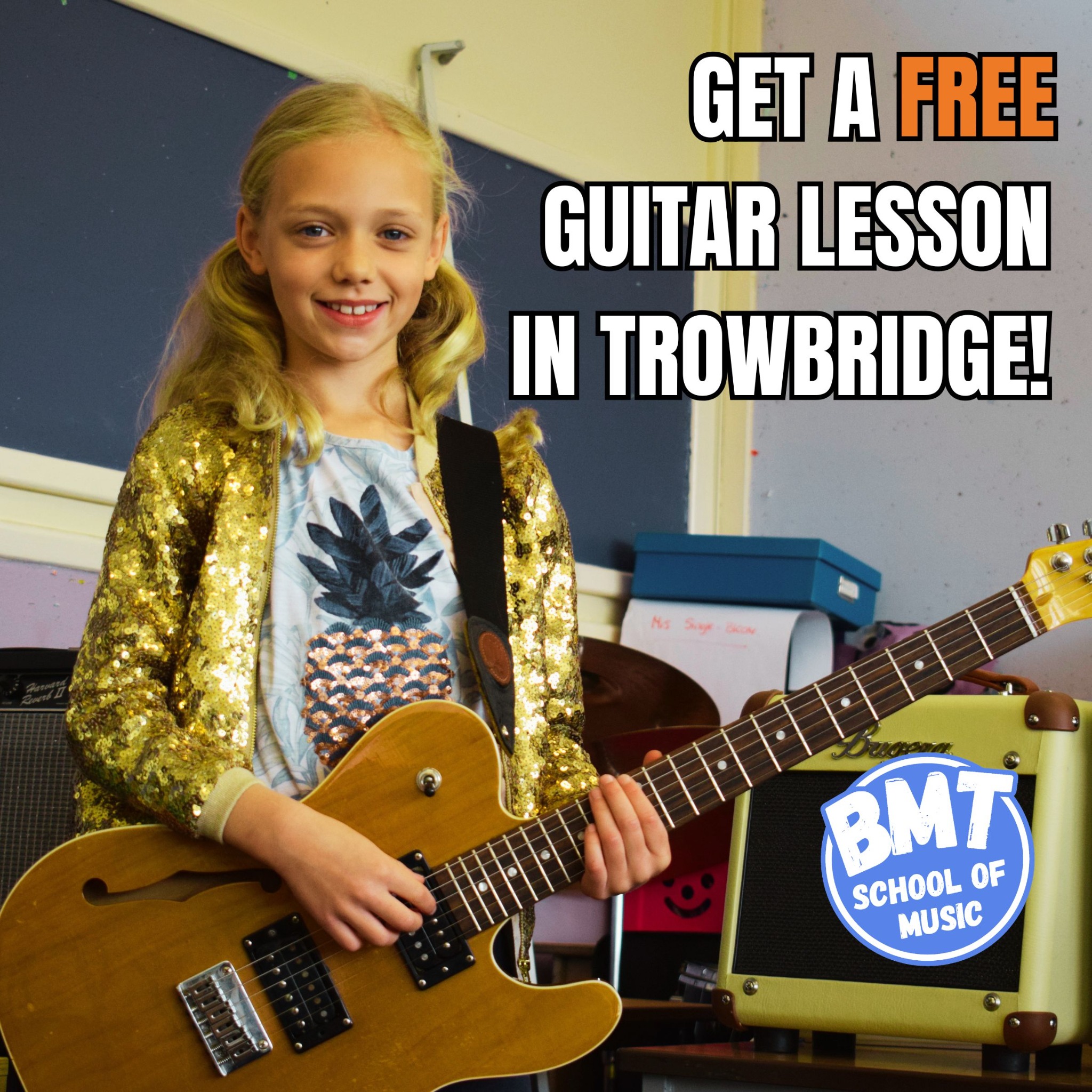 BMT School of Music Facebook ad: Get a FREE Guitar Lesson in Trowbridge!