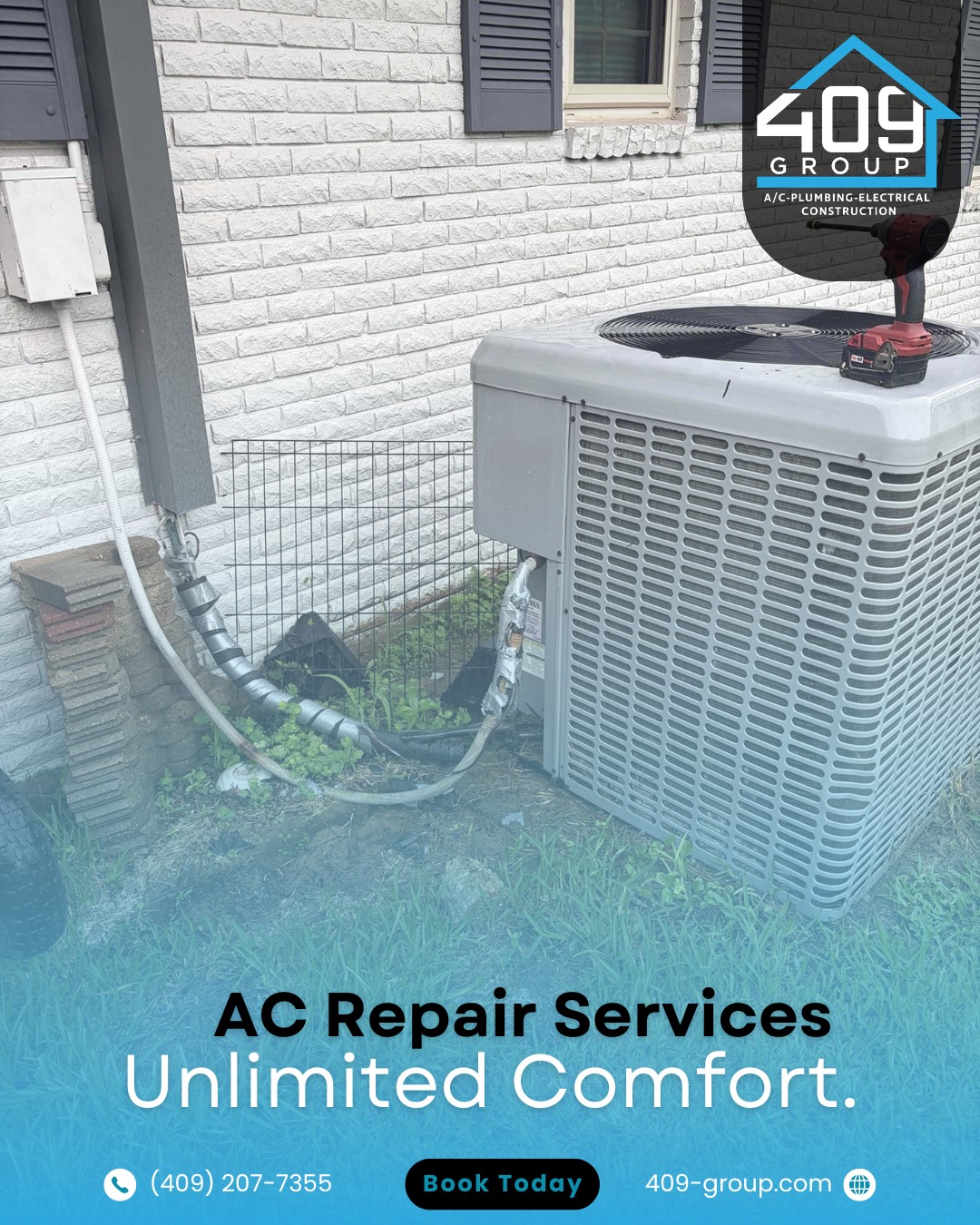 409 Group A/C Plumbing Electrical Construction Facebook ad: FREE Diagnostic with Any Repair ($0 Diagnostic Fee)