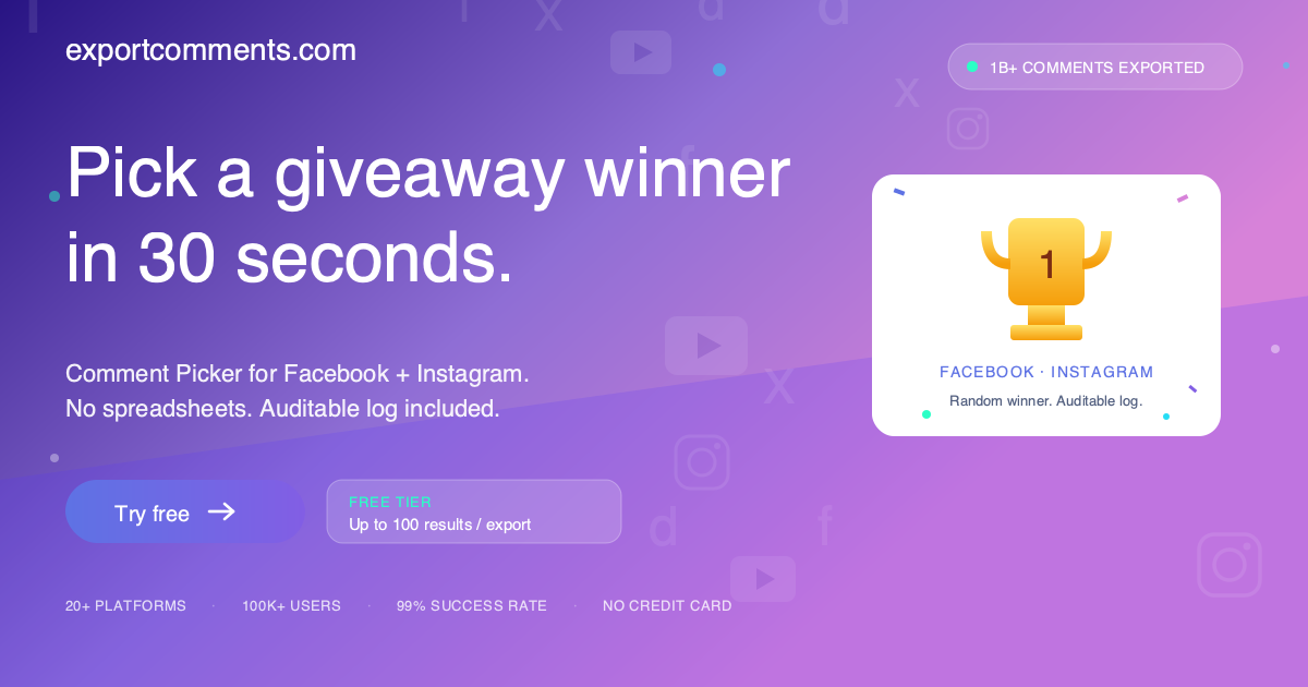 ExportComments.com Facebook ad: Pick a giveaway winner. Free up to 100 results.