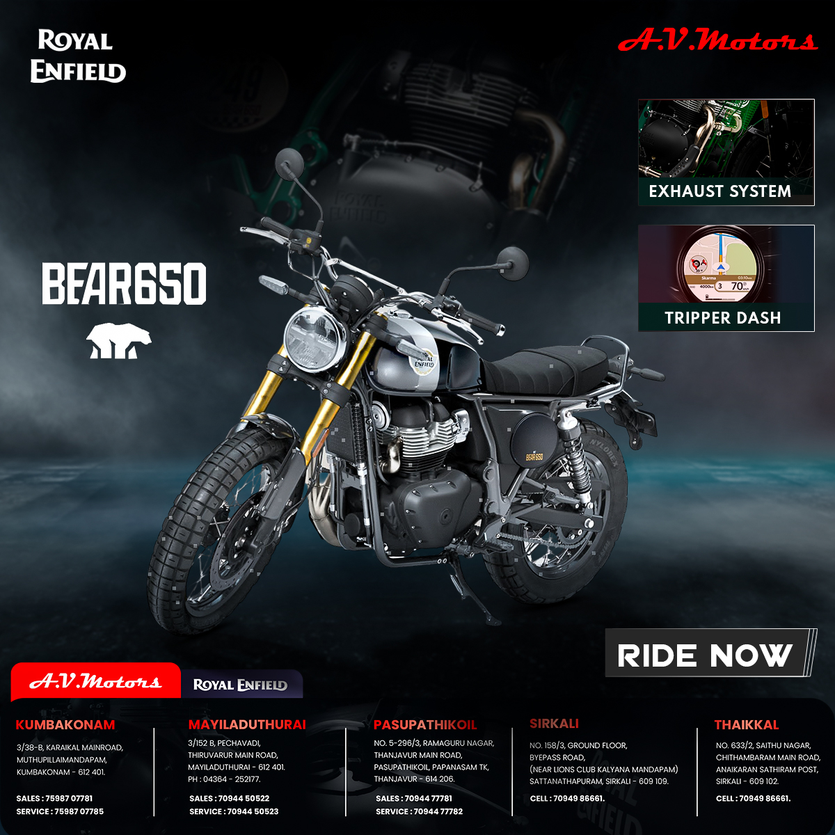 AV Motors Kumbakonam Facebook ad: Tame the Wild. Rule the Roads, BEAR 650 is Here.
