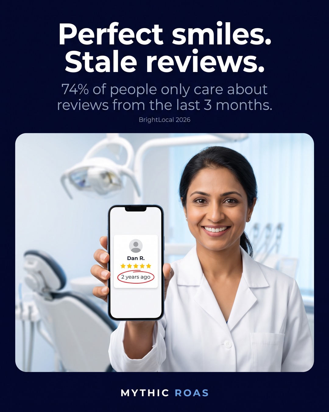 Mythic ROAS Facebook ad: Happy patients forget to review