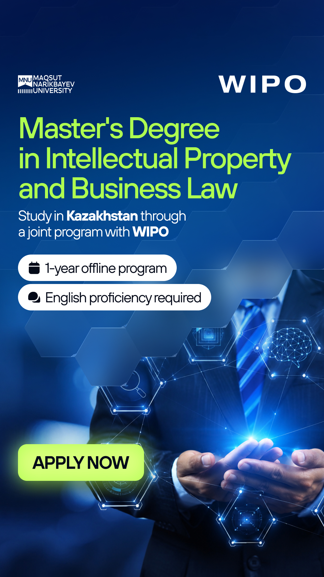 Maqsut Narikbayev University Facebook ad: Master's Degree in Intellectual Property and Business Law