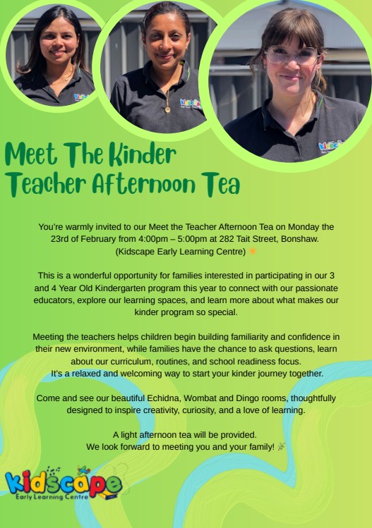 Kidscape Early Learning Centre Ballarat Facebook ad: Kinder Meet the Teacher Afternoon Tea
