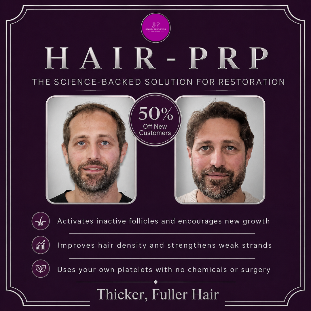BR Beauty Aesthetics Facebook ad: 50% OFF Hair PRP, Stimulate Hair Growth the Natural Way!