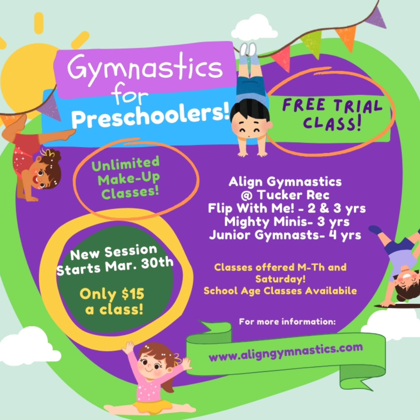 Align Gymnastics Facebook ad: Spring Session 2 (2/23/26-3/28/26) STILL HAS SPOTS…