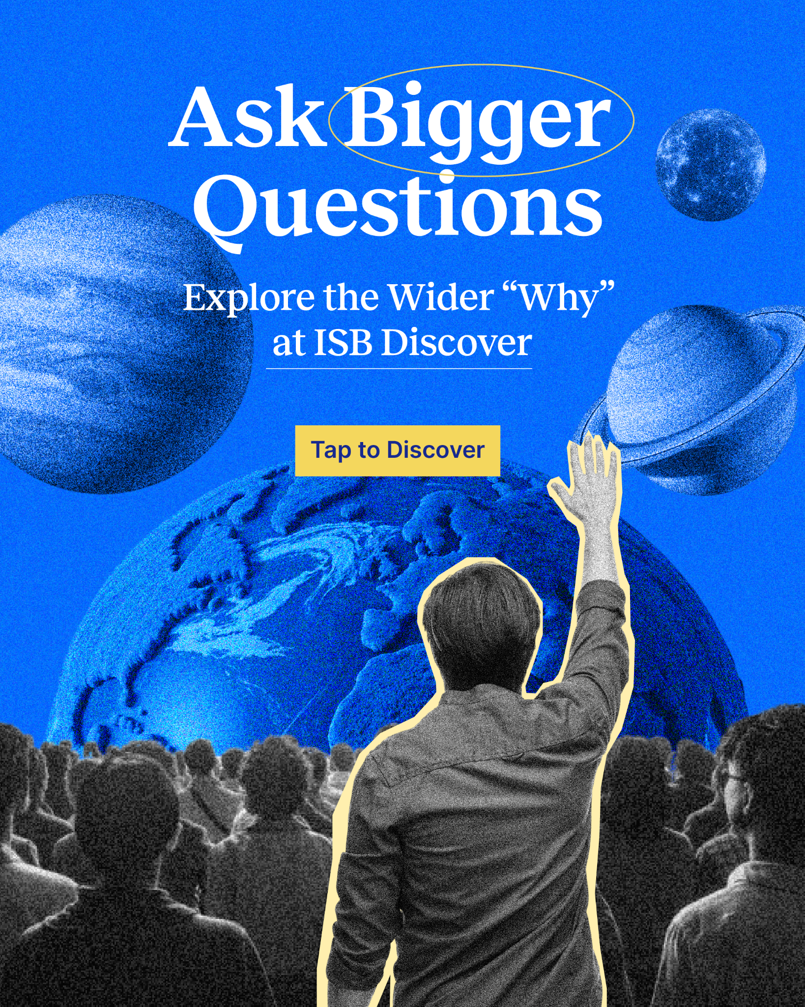 ISB Discover Facebook ad: Ask Bigger Questions. Get Clearer Answers.