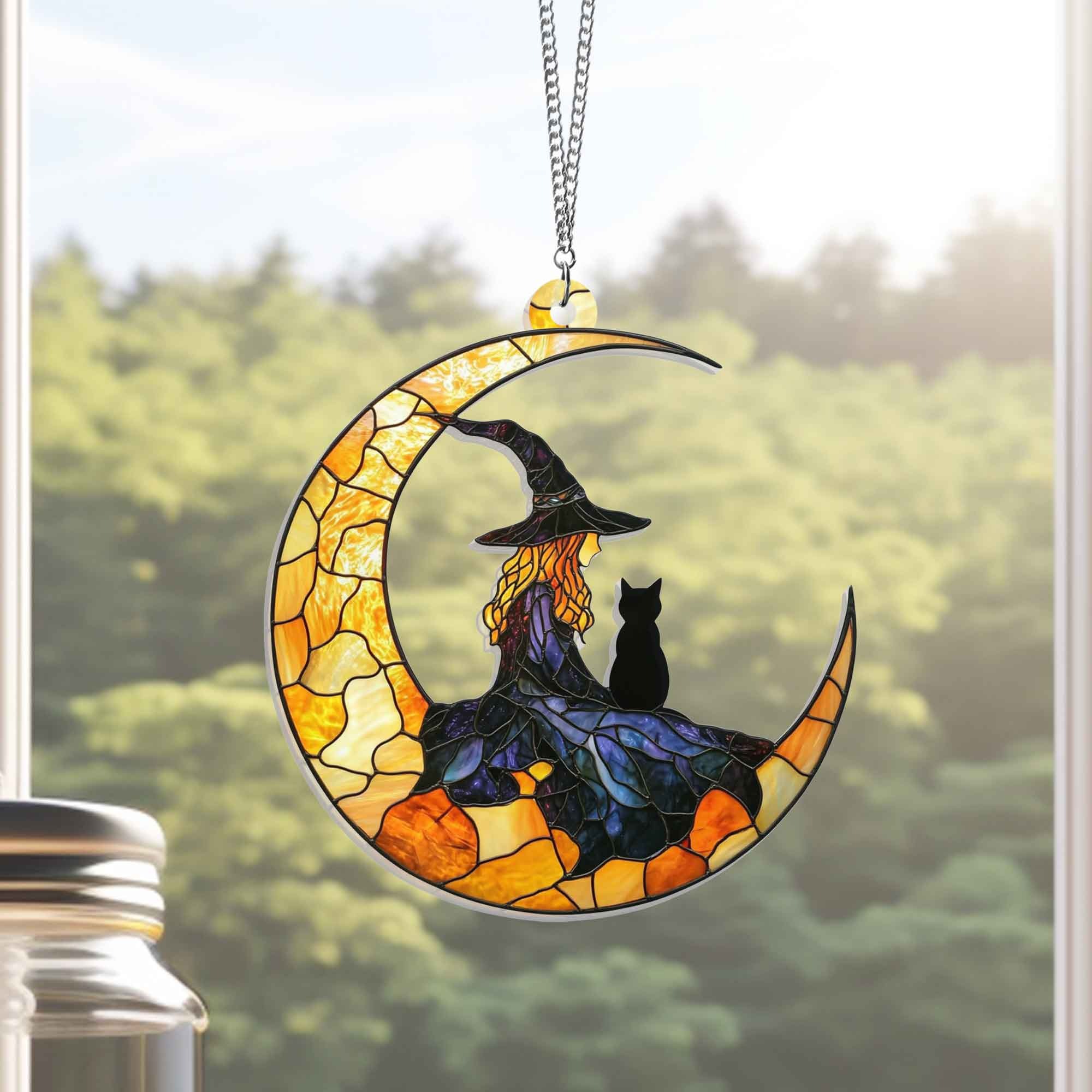 Flagwix.com Facebook ad: Halloween Witch And Black Cat On The Moon Suncatcher…