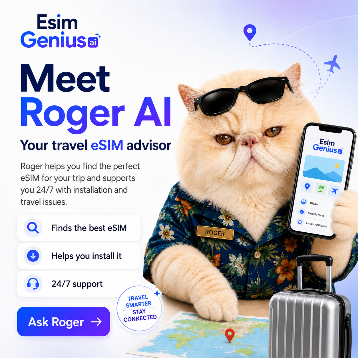 ESIM Genius Facebook ad: Get the best eSIM with Roger AI your eSIM advisor in 30…