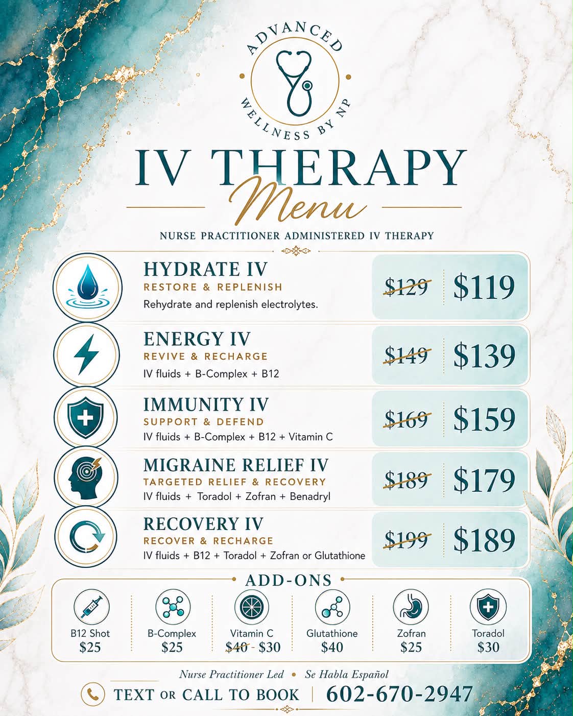 Mobile IV Therapy Facebook ad: MOBILE IV THERAPY, PRICING LISTED BELOW