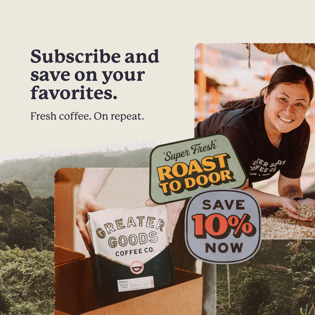 Greater Goods Coffee Co. Facebook ad: Fresh Coffee, On Repeat