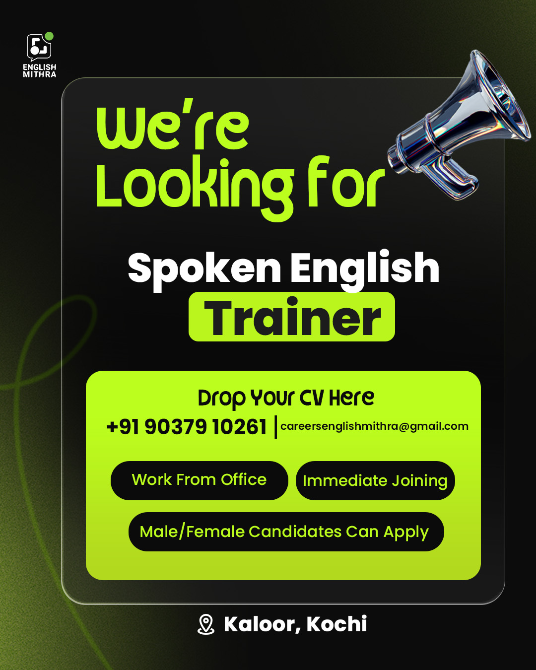 house of EM Facebook ad: Hiring Spoken English Trainers. Work from Office.
