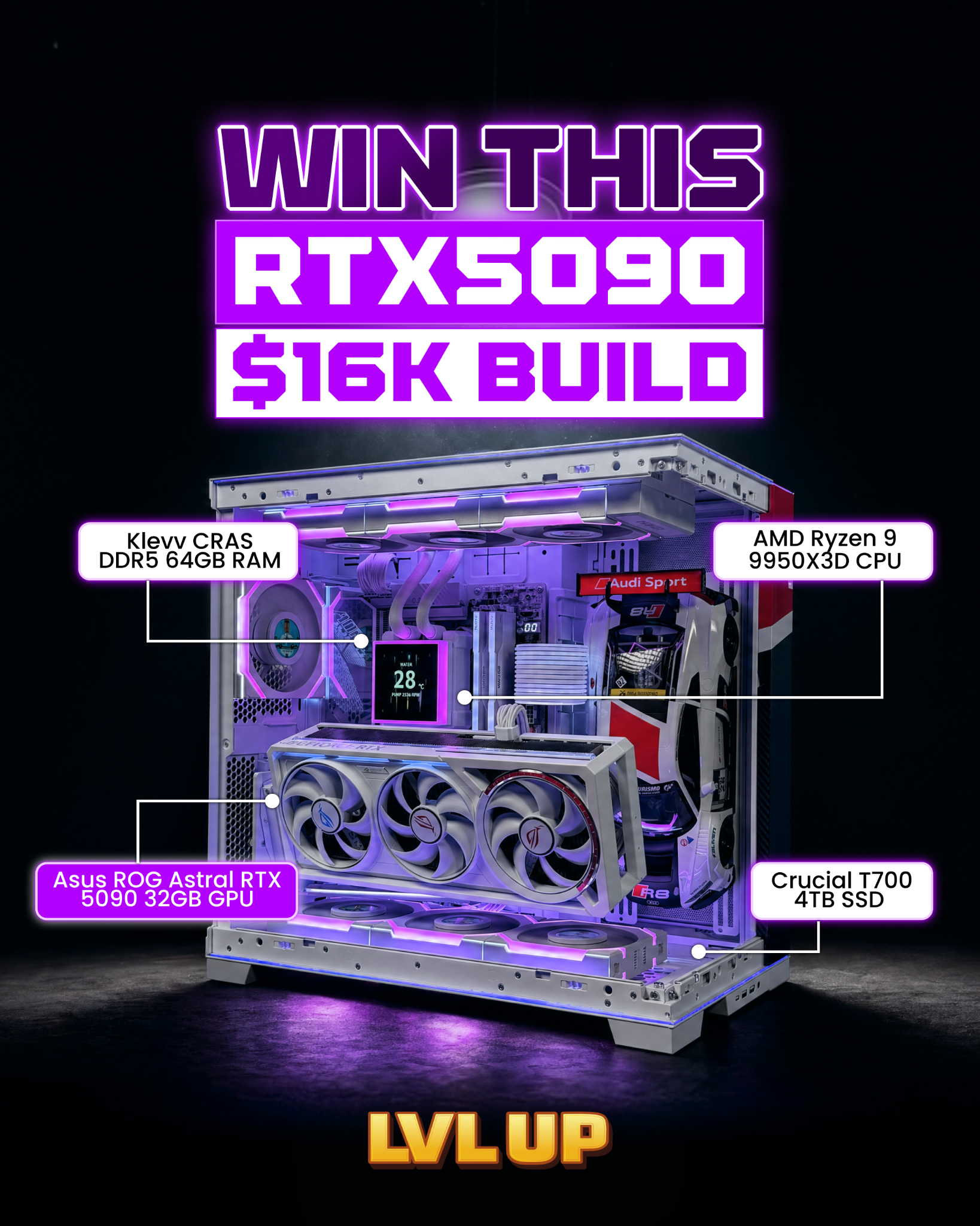 LVL Up us Facebook ad: Win a $16K RTX5090 + Racing Sim