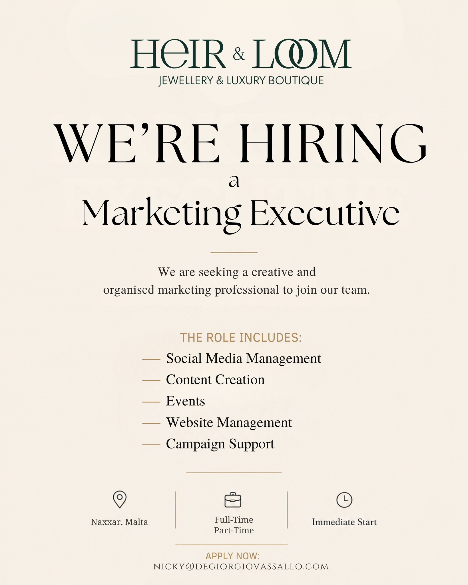 Heir & Loom Facebook ad: WE'RE HIRING