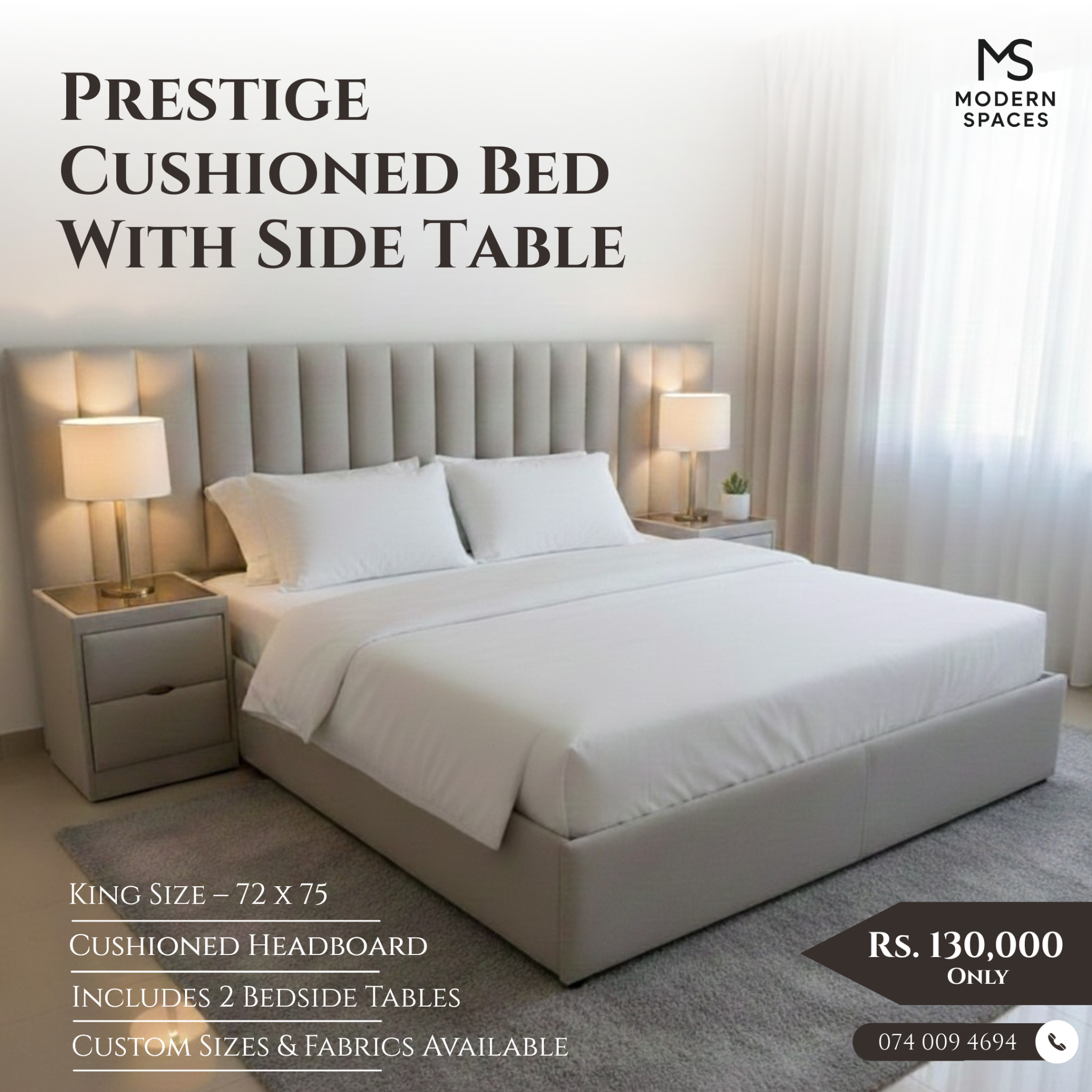 Modern Spaces Facebook ad: Upgrade your bedroom with our premium cushioned bed…