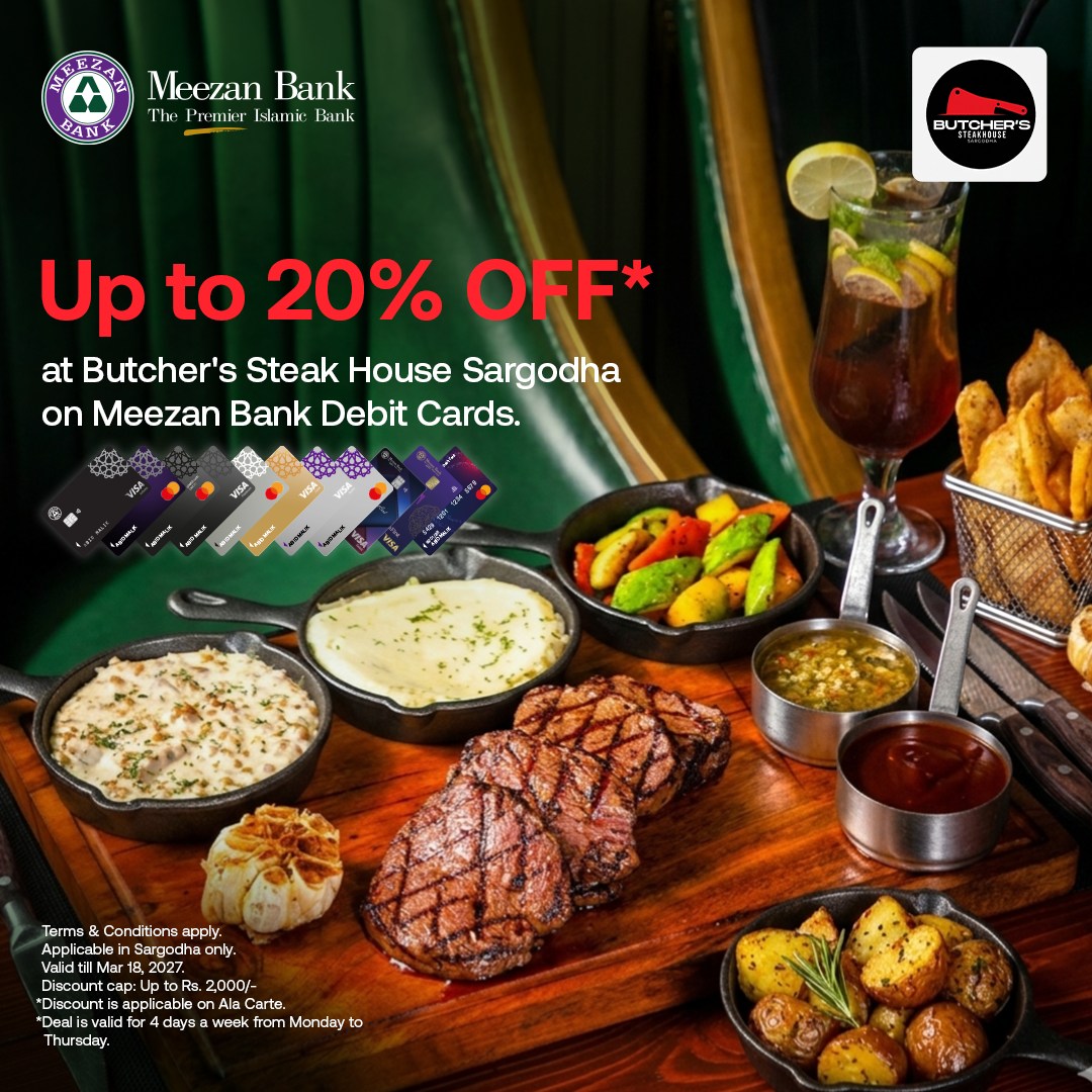 Meezan Bank Limited Facebook ad: Up to 20% off at Butcher's Stake House…