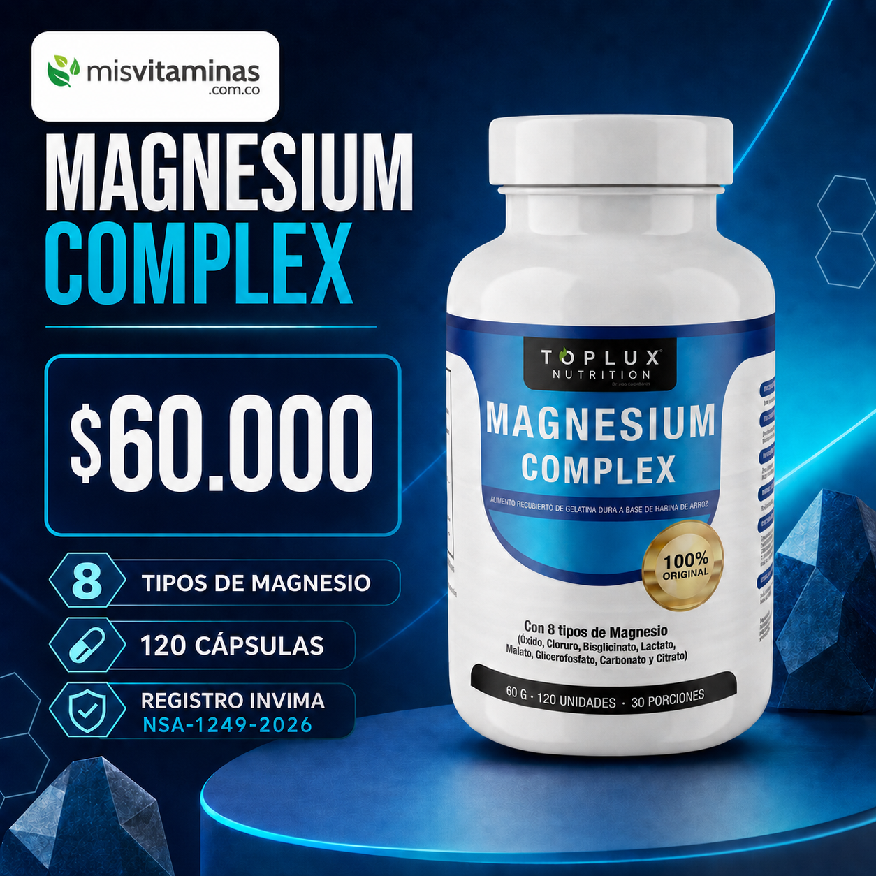 Mis Vitaminas Oficial Facebook ad: Magnesium Complex 120 cápsulas | $60.000
