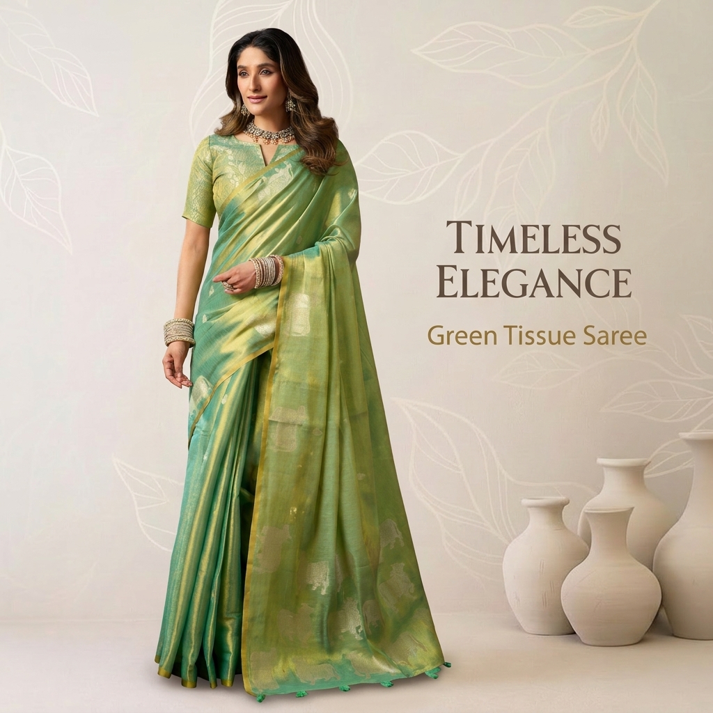 The Kanishka Store Facebook ad: Buy Green Heavy Tissue Butta Saree!
